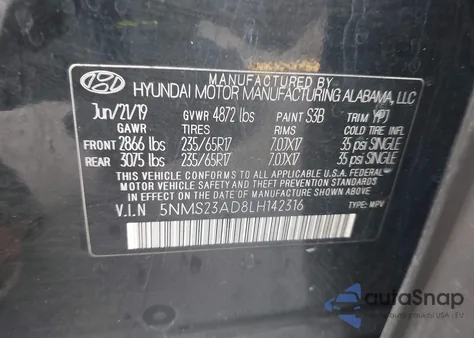 2020 Hyundai Santa Fe Se from USA, damaged, VIN 5NMS23AD8LH142316